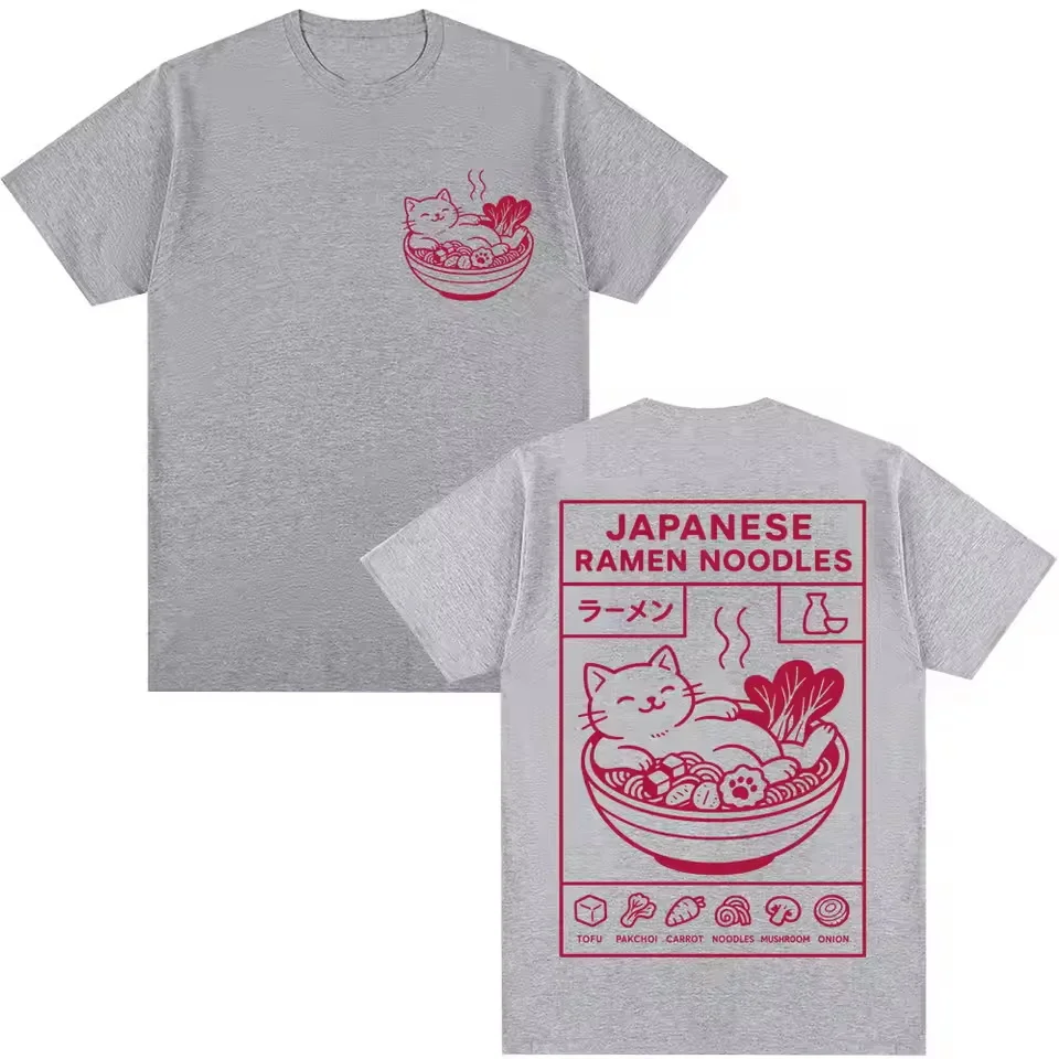 Japanese Style Ramen Noodles Cat Funny T-shirts Men Women Fashion Harajuku High Quality T Shirt Oversized Cotton Casual T-shirt