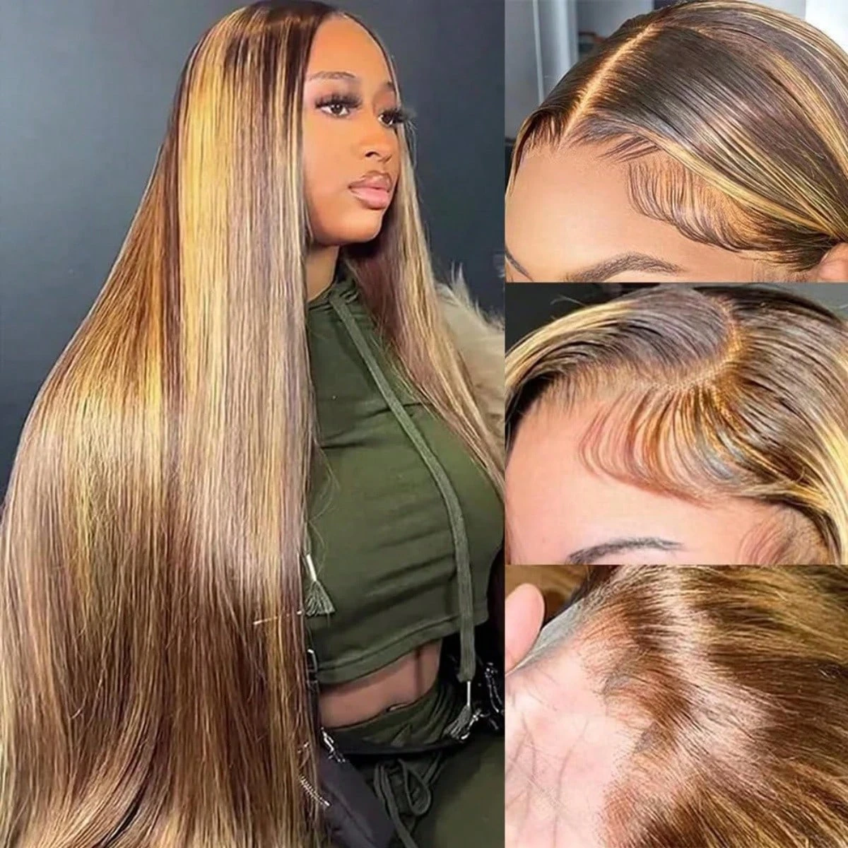 Highlight P4/27 Blended Human Hair Wig - 250% Density Piano Color Straight Hair - Pre-Plucked Hairline And Baby Hair -Ready To Wear Instantly Without Glue - Multiple Sizes Human Hair Wig For Women