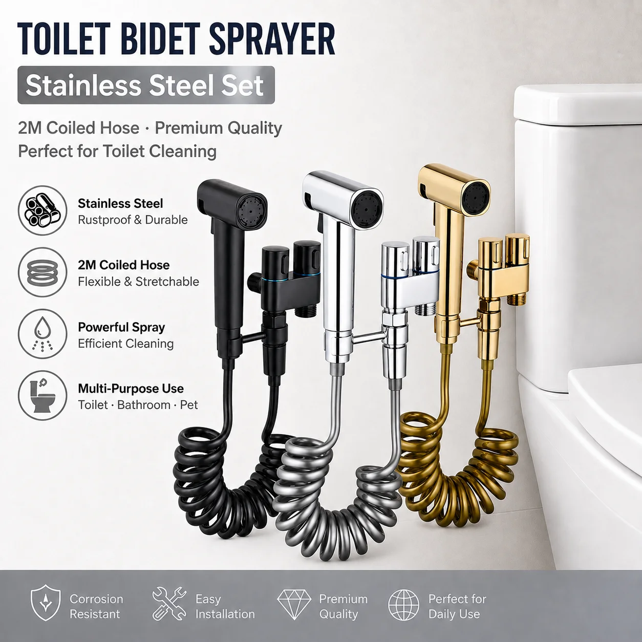 Stainless Steel Handheld Bidet Sprayer Dual Outlet Valve 2M Coiled Hose Easy Install for Toilet Feminine Hygiene Home Cleaning