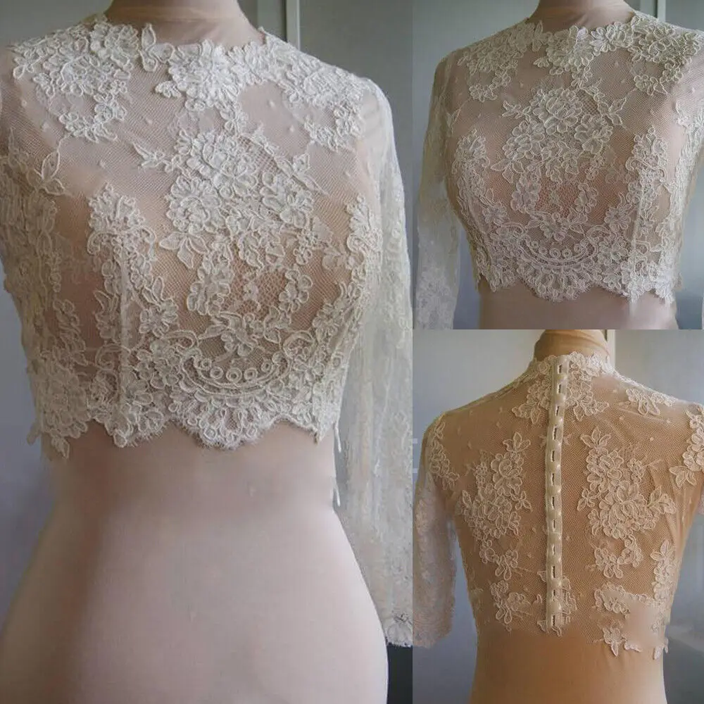 

Elegant O Neck Jacket Appliques Lace Button Long Sleeve Bride Jackets For Sleeveles Bridal Dress Wedding Accessories Custom Made