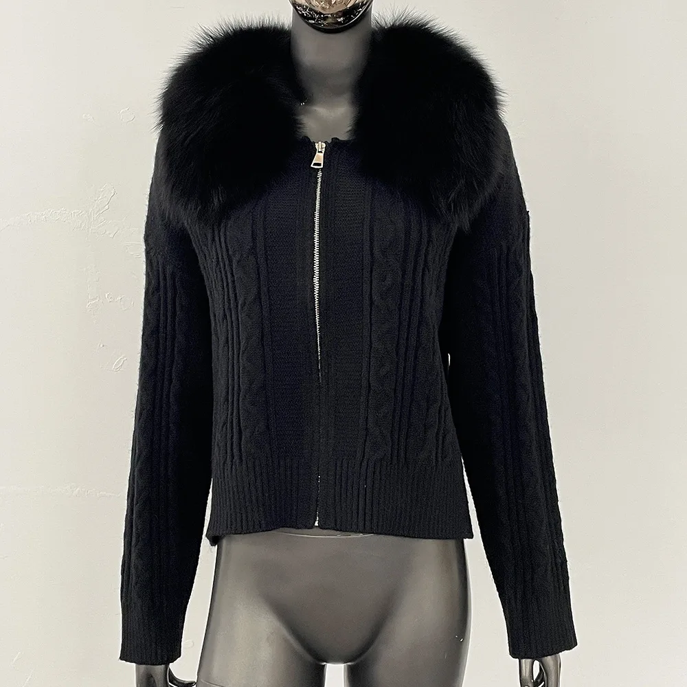 BJTZ ساحة الرقبة ريال فوكس الفراء كابل متماسكة سترة معطف للنساء ربيع الخريف أنيقة تنوعا سحاب أكمام طويلة سترة علوية