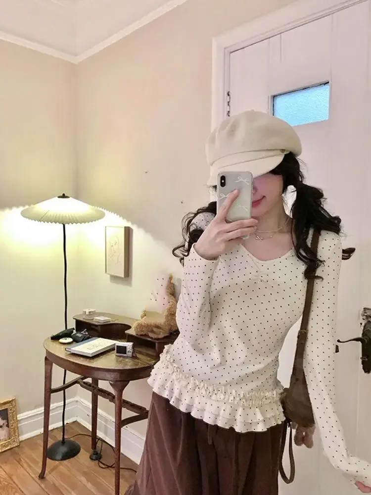 Polka Dot Ruches Lange Mouw T-shirts Vrouwen Herfst Zoete Slim Fit Base Tops Koreaanse Chic Veelzijdige Y2k Esthetische Tees