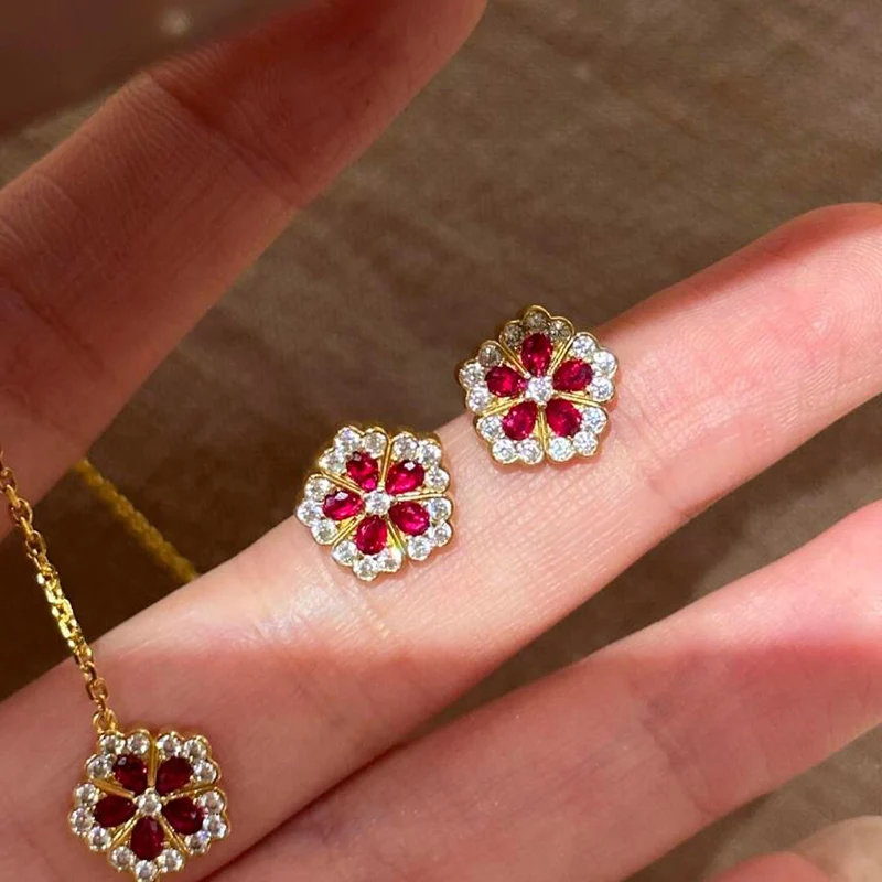 New Chinese style Red Peony Necklace Light Luxury and High-end feeling Flower Earrings Romantic Jewelry Set For Women KOFSAC