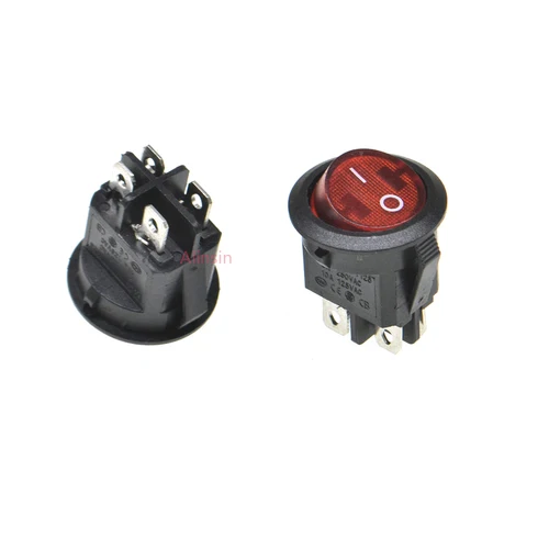 Imagen 1 del producto Lote de 5 interruptores basculantes redondos KCD1 224N de 23 mm, 4 pines, 250 V, 6 A, tipo SPST, ON/OFF, de montaje a presión