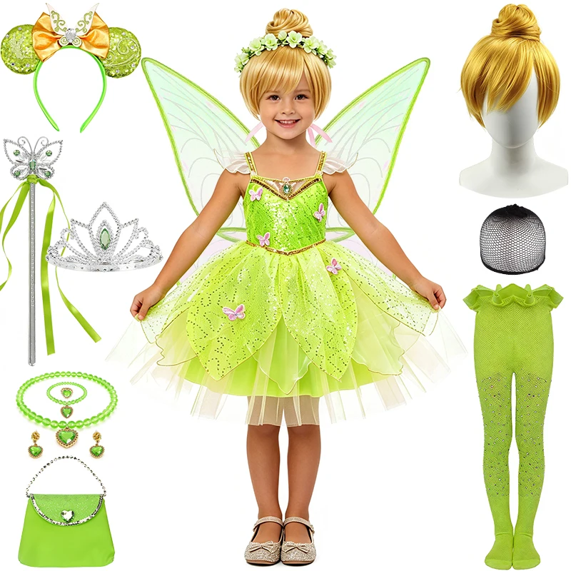 Tinker Bell Fairy Princess Tutu Girl Dress Halloween Cosplay Pretend Play Performance Children's Clothing Carnival Kids Clothes