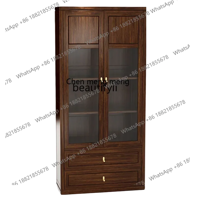 

D176 New Chinese ebony solid wood bookcase combination with glass door simple storage cabinet