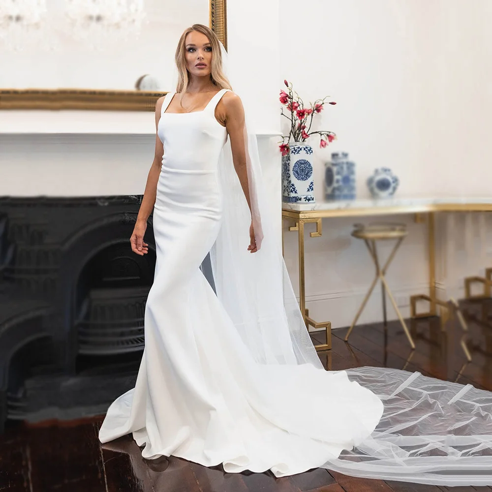

Vintage Wedding Dresses Square Collar Mermaid Bride Gowns Customized Sweet Train Bridal Dress Women Simple Wedding Party Gowns