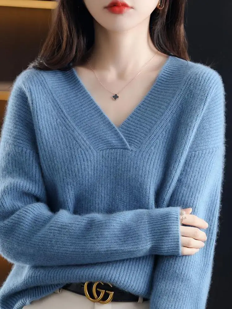 V-Neck Autumn Winter Sweater pullovers Women 2024 loose thick cashmere Sweater Pullover women oversize sweater jumper