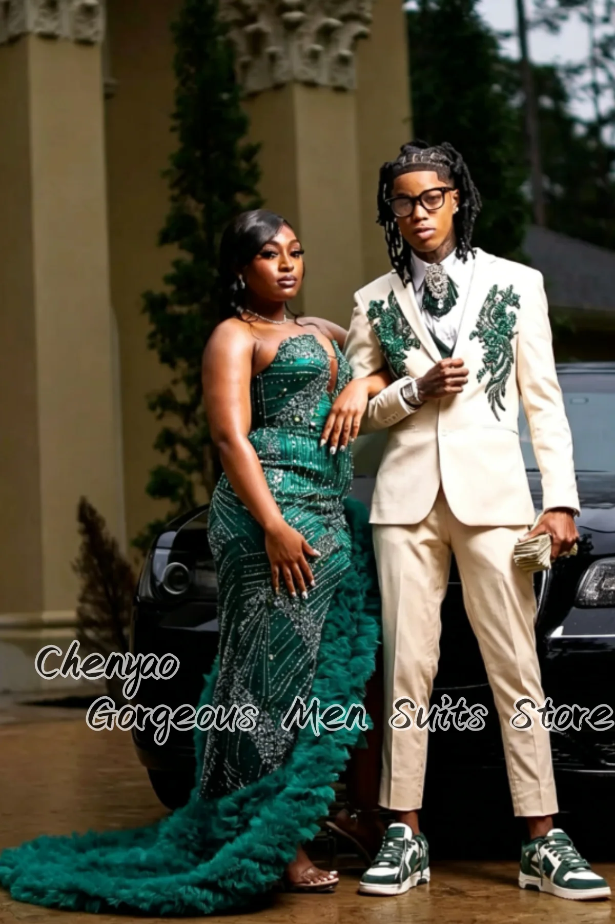 

Luxury Rhinestone Floral Embroidery Men Suits Customized Groom Wedding Party Tuxedo Elegant Male Blazers 2Pcs ropa hombre