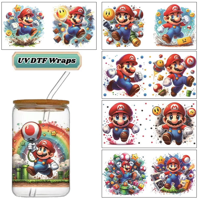 Retro Game Plumber Character UV DTF Wrap, Colorful Cartoon Adventure Stickers for 16oz Glass Cans, Waterproof DIY Transfer Decal