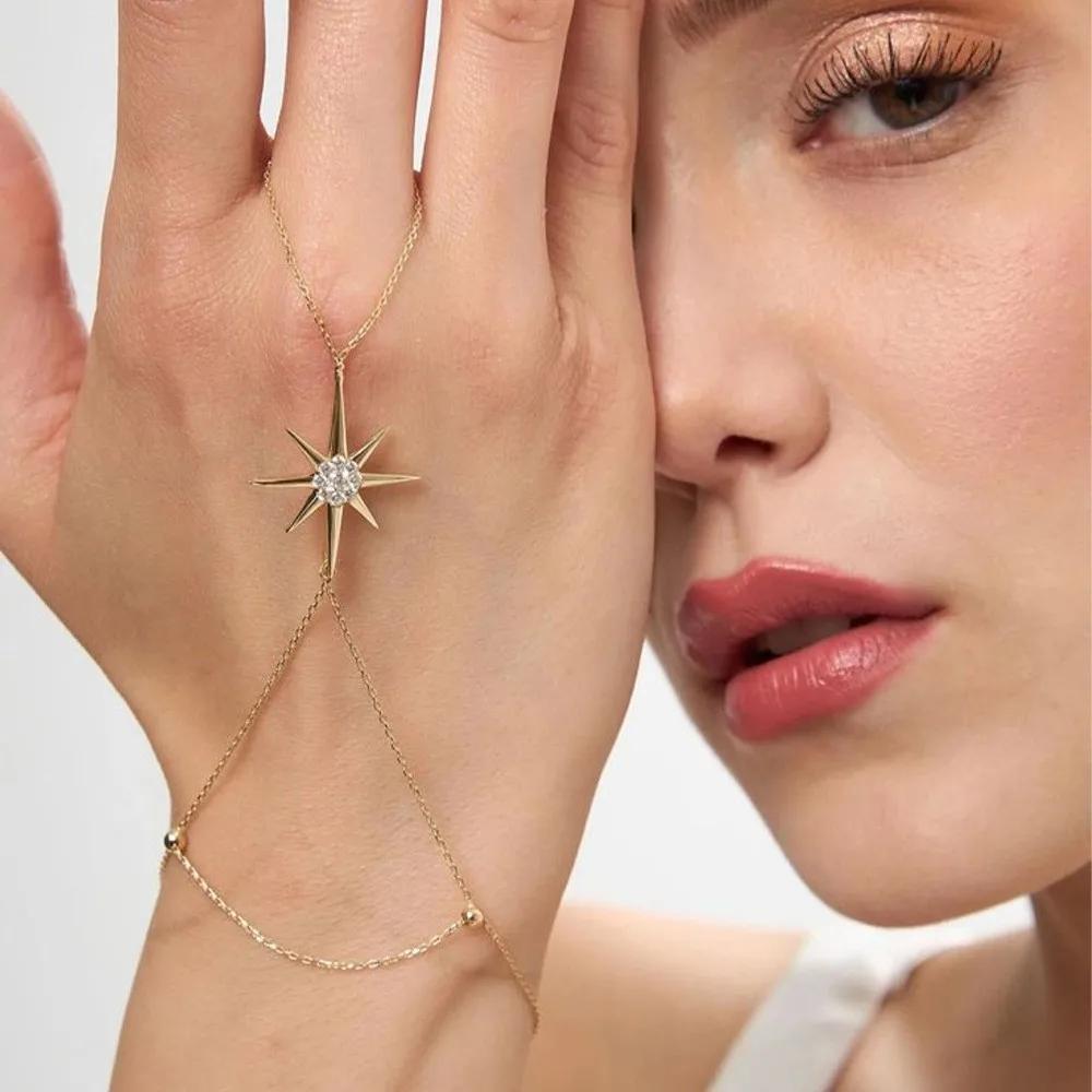 Star Hand Chain for Women Rhinestone Slave Bracelet Sparkly Elegant Chic Glam Minimalist Party Jewelry Present Box Packaging