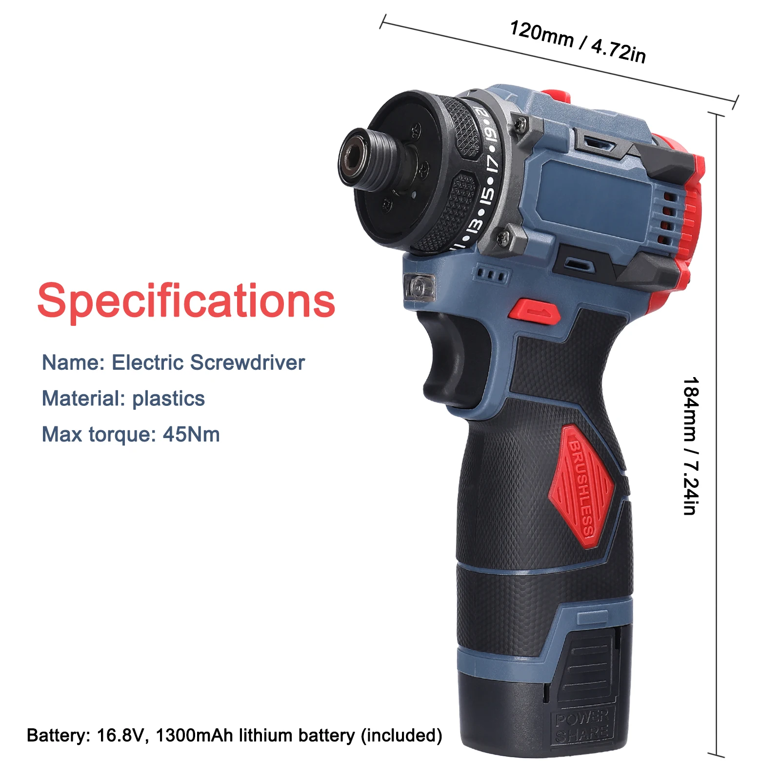 16.8V Electric Screwdriver 45Nm Torque Brushless Motor Screw Driver Stepless Speed Adjustment for Home Batteries not included