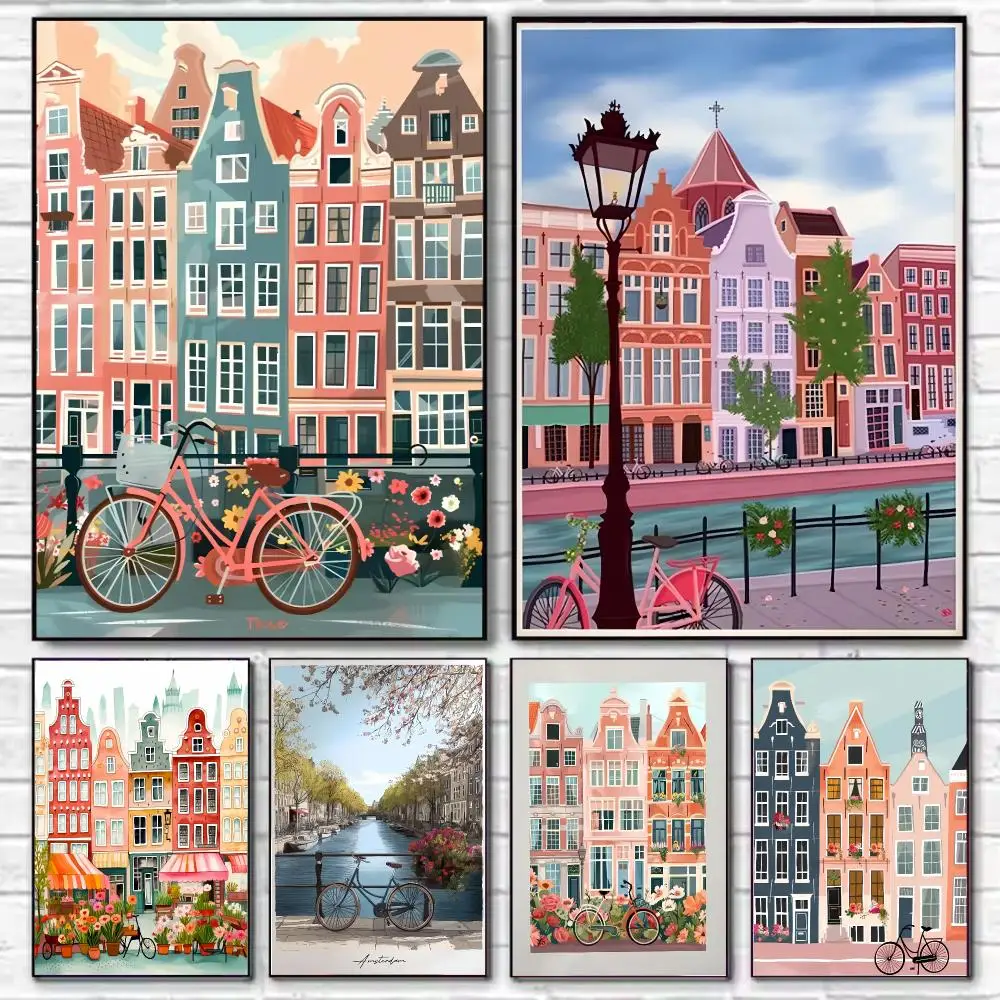 Amsterdam HD Wall Art Poster Travel Illustration Colorful Flower City Poster New Yorker Style Nursery Home Decor Gift