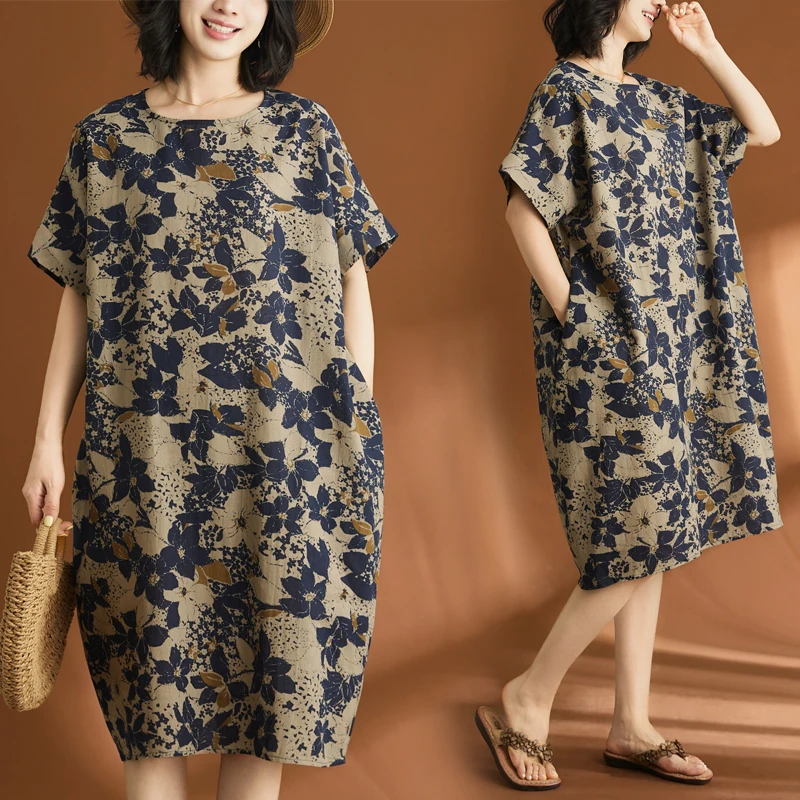 

plus Size Women's Cotton Linen Casual Floral Print Dress Short Sleeve Loose Fit Summer Dress White Enhancing Mid-Length Skirt