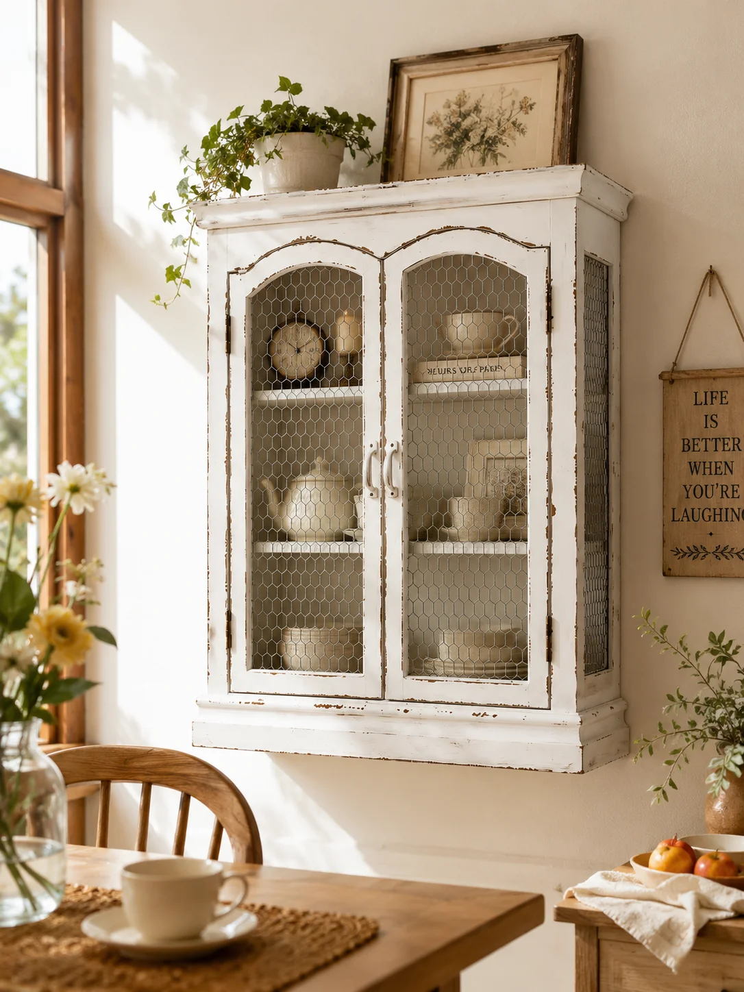 Vintage Wall Cabinet, White Distressed Wood, Chicken Wire Mesh Doors, French Country Style, Decorative Wall Storage Display