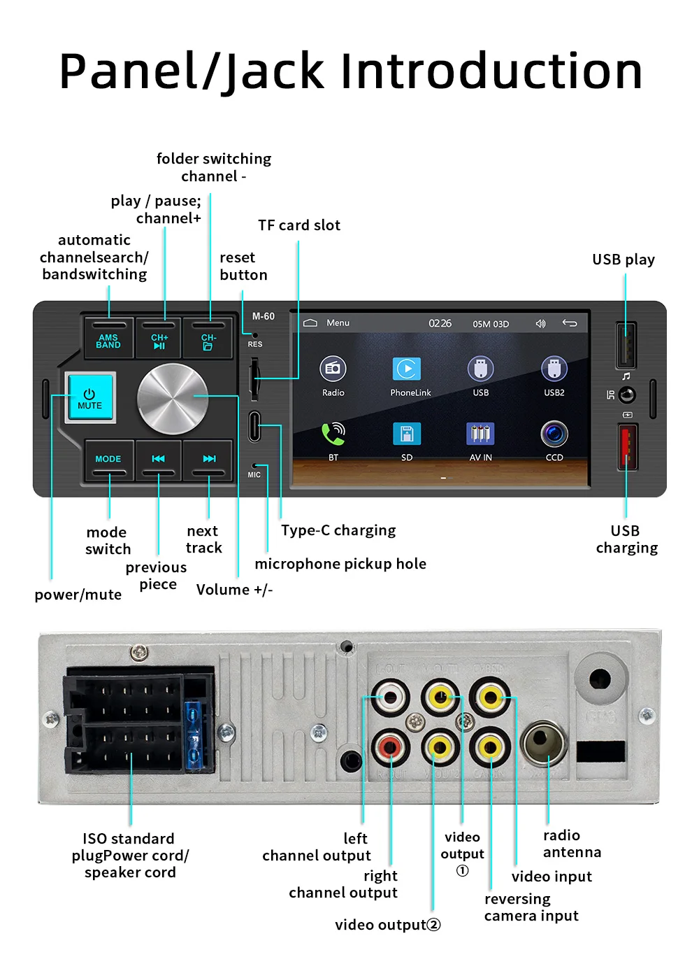 MP5 Player 60W 4.1in Audio format MP3/AAC/APE/OGG/M4A/RA/WAV 1DIN Carplay Car Stereo Radio Bluetooth TF USB Mirror Link Type-C