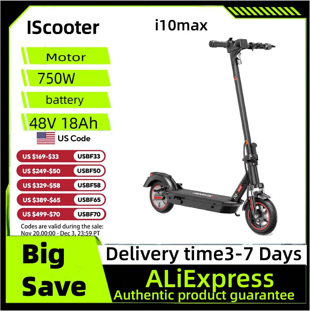 

ISCOOTER I10MAX Adult Electric Scooter 750W Motor E- Scooter 48V18AH Battery Electric Scooter 10 Inch Road Tire Electric Scooter