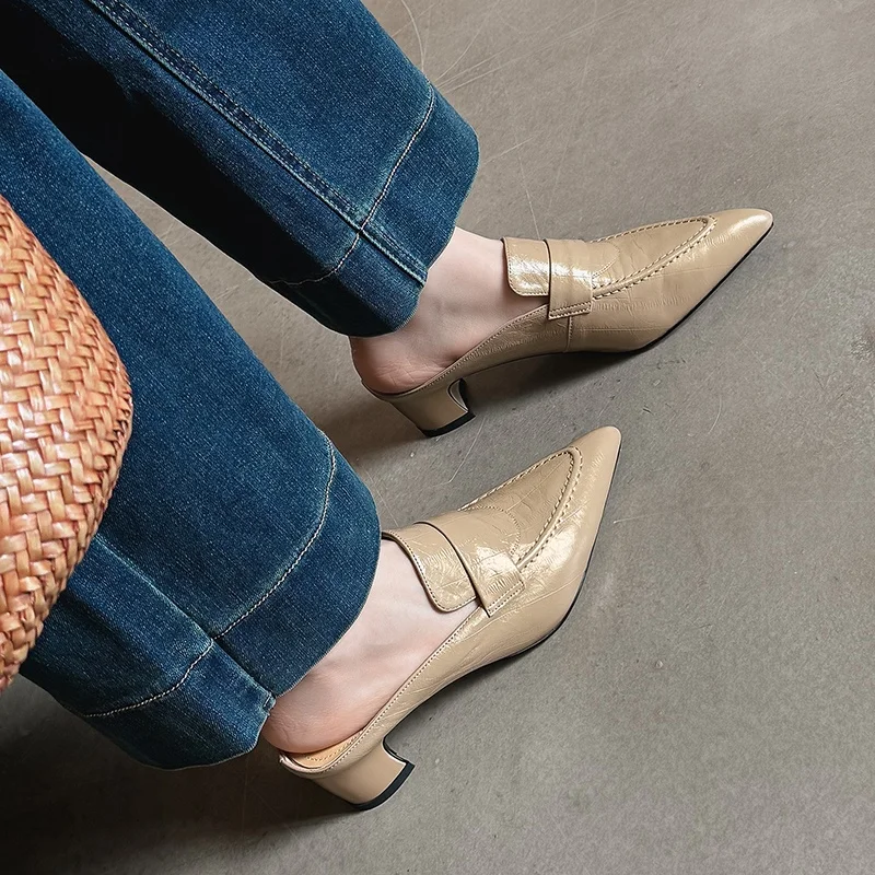 المرأة البغال النعال كعب مربع السيدات مغلق حذاء مزود بفتحة للأصابع جودة جلد طبيعي الانزلاق على مضخات الربيع البغال أشار تو #4