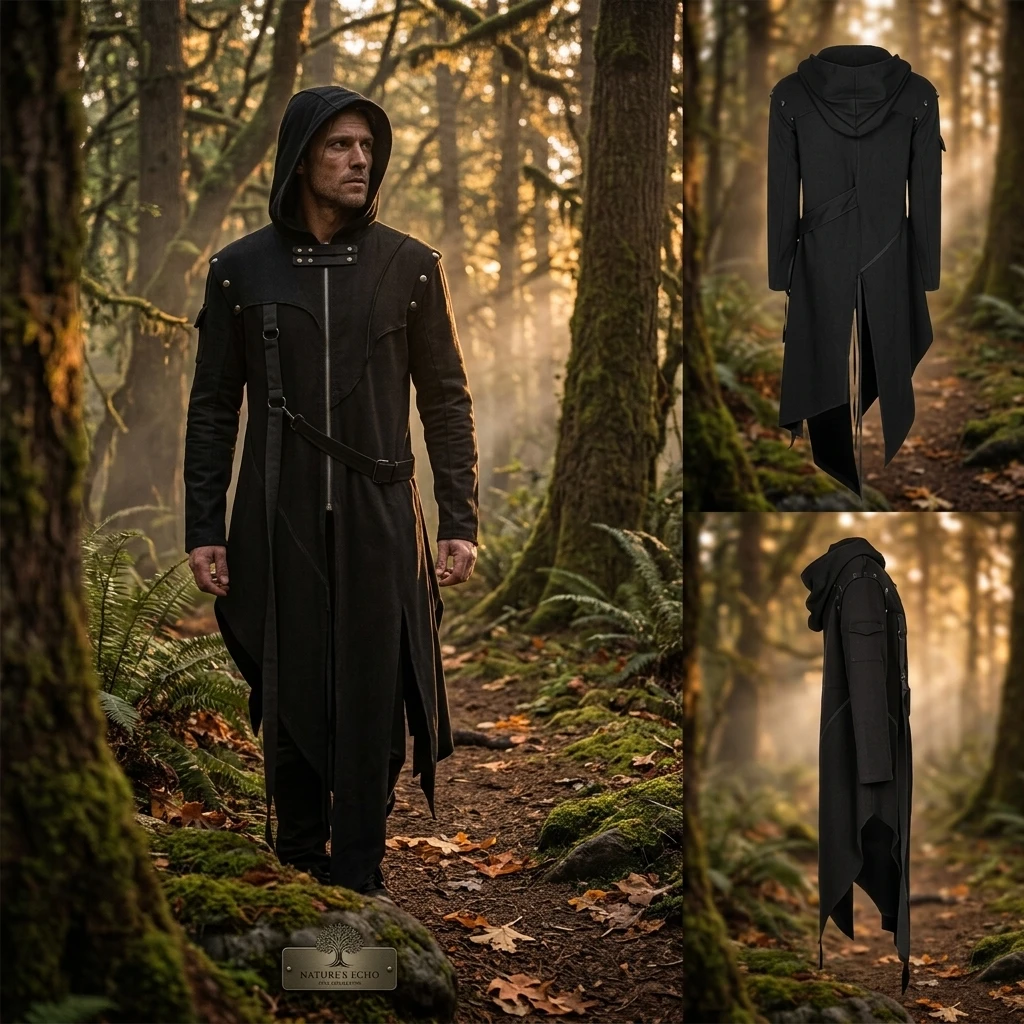 Halloween Costume Adult Men Punk Gothic Hooded Jacket Black  Asymmetrical Drape Long Coat Apocalyptic Masquerade Party Outfit view 4