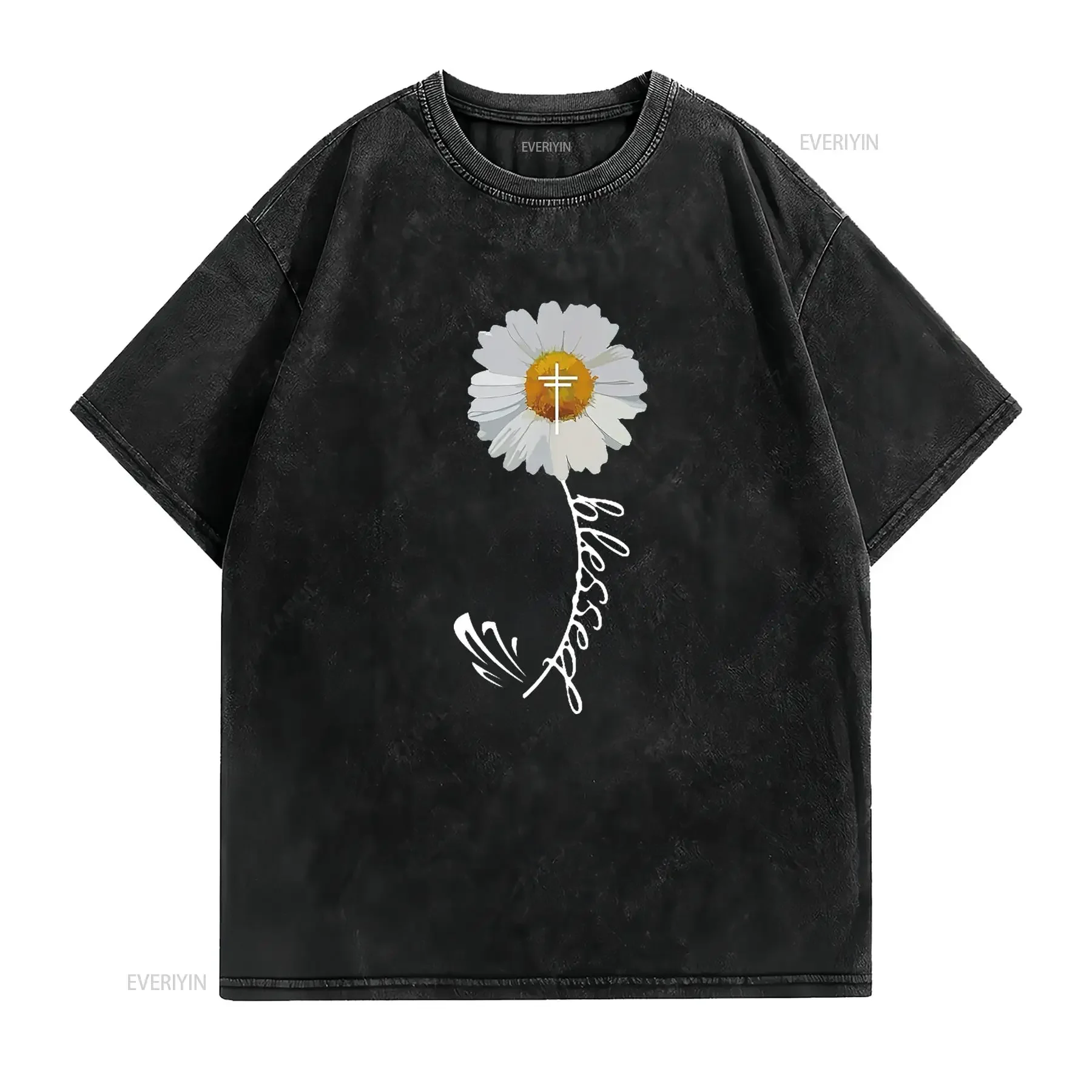Blessed Cross Bible Trendy Christian Religious Daisy Womens T Shirt Black 3X Large vintage Washed homme Comfortable Stylish
