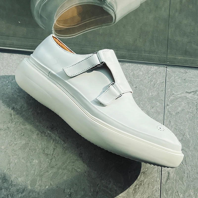 Minimalist Designer White Leather Monk-Strap Loafers Men Brogue Punch Detail Thick Sole Runway Fashion Daily Formal Casual Shoes