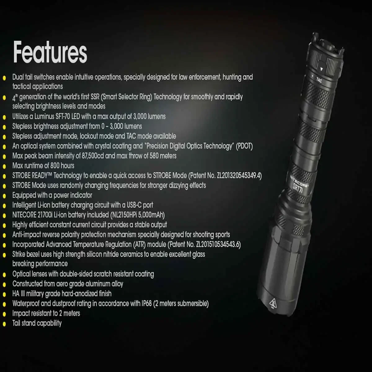 NITECORE SRT7i 3000 lumen flashlight, illumination distance 580 meters