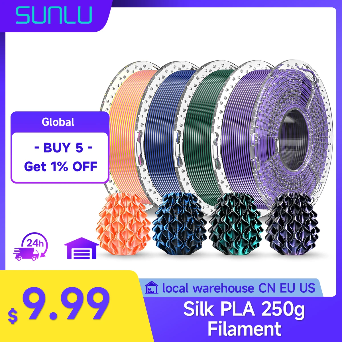 

SUNLU SILK PLA filament 250g Silk PLA+ Filament 1.75mm Multicolor Silky Glossy PLA Plus 3D Printer Filament Bundle Rainbow Serie