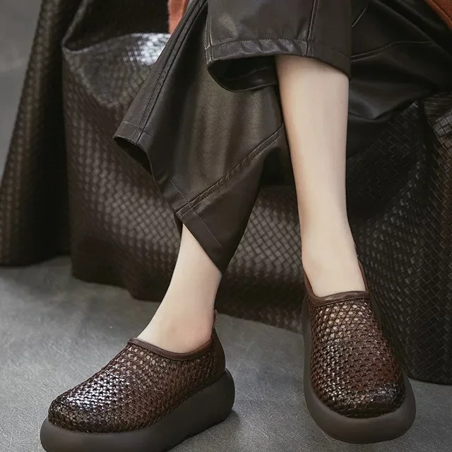 Sandalias de cuero genuino trenzado vintage de España, con diseño calado, de piel de vaca, versátiles, informales, de verano,...