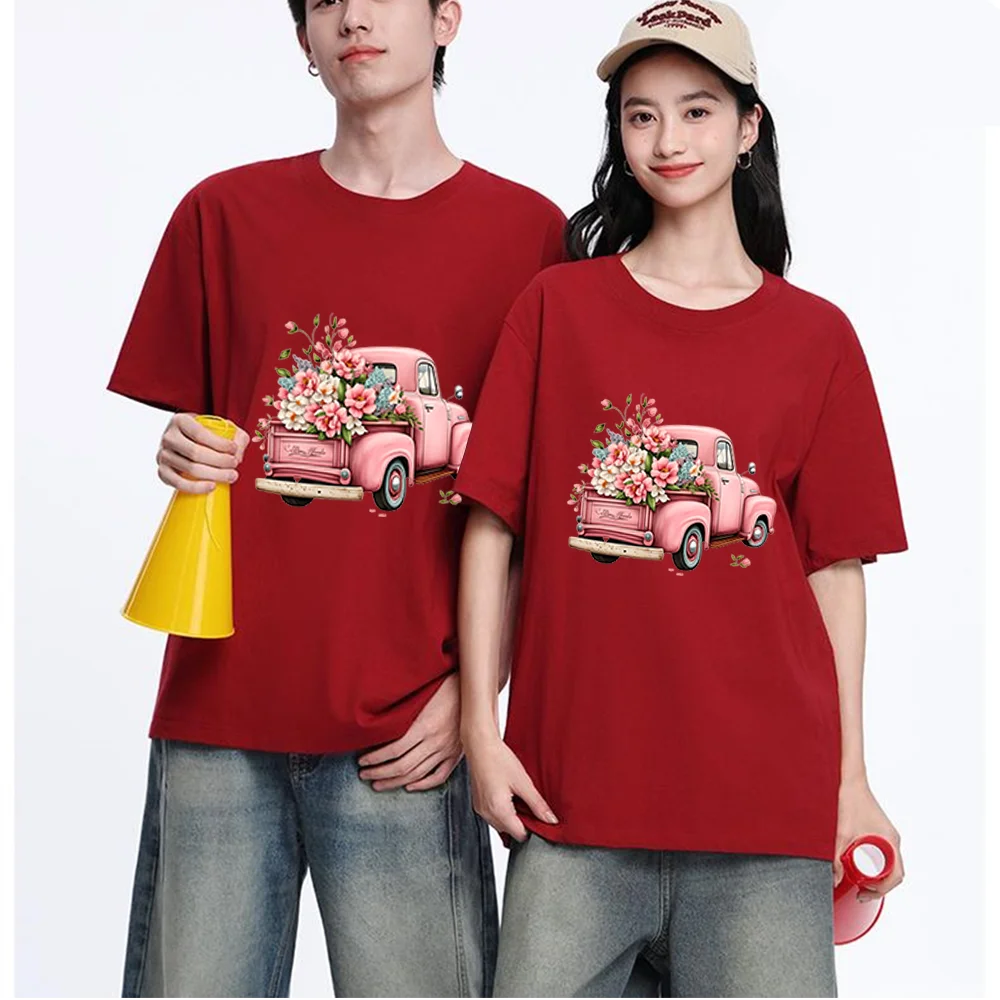 Pink Vintage Truck With Flowers Printed T Shirt Breathable Fabric S-XXL Personalized Custom Casual Short Sleeve Tee Aesthetic Gr
