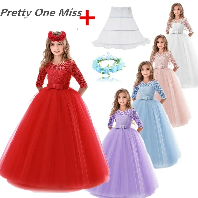 Teenage Princess Formal Gala Long Gown Christmas Dress Bridesmaid Dress Kids Birthday Party Clothes Lace Flower Dress for Girls