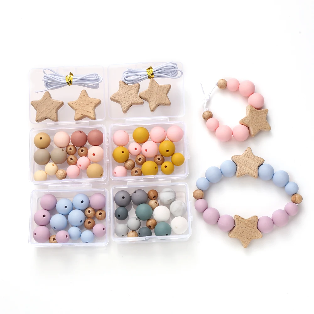 New Colorful Silicone Beads Wooden Pentagram Beads For Jewelry Making Baby Chew Teething Necklace DIY Pacifier Clips Accessory