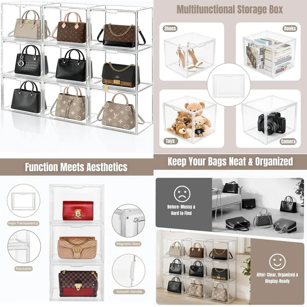 

Органайзер для сумок из прозрачного акрила на 10 отделений с штабелируемой, пылезащитной крышкой для шкафа, сумок, обуви и коллекционных предметов