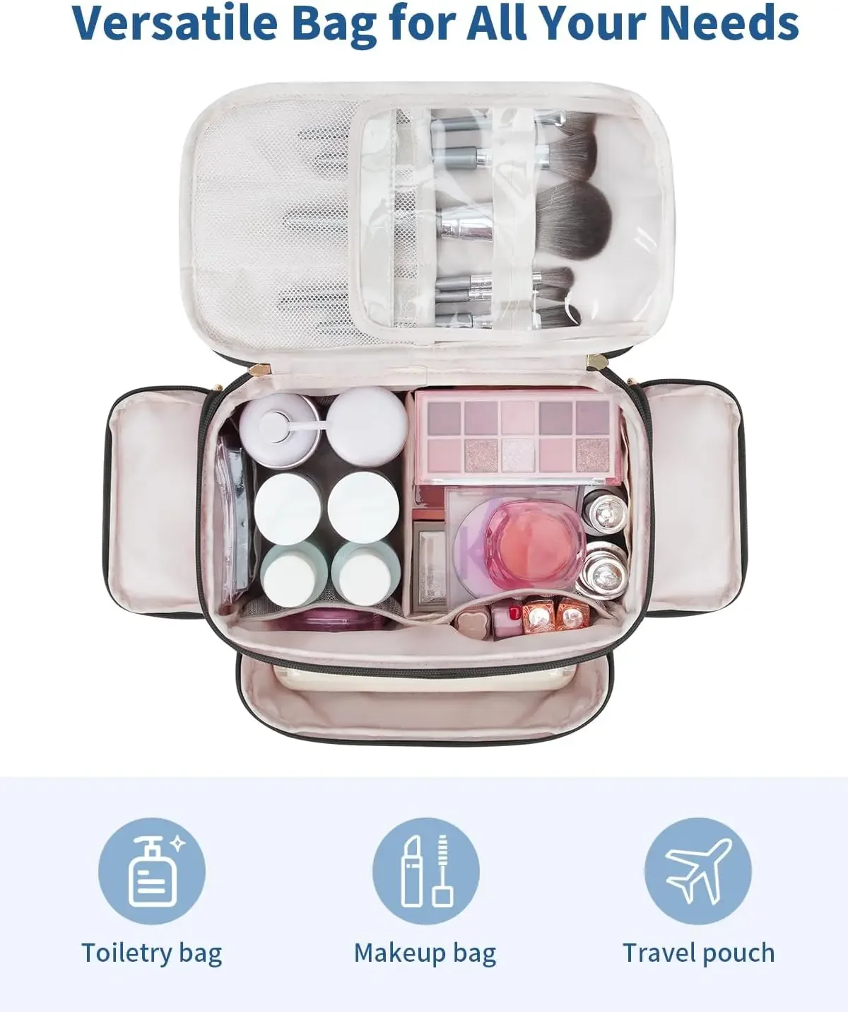 Afbeelding 3: WANDF reistoilettas voor dames, wijd open grote make-uptas met handvat, gezwollen make-up organizer voor toiletartikelen, cosmetica, A