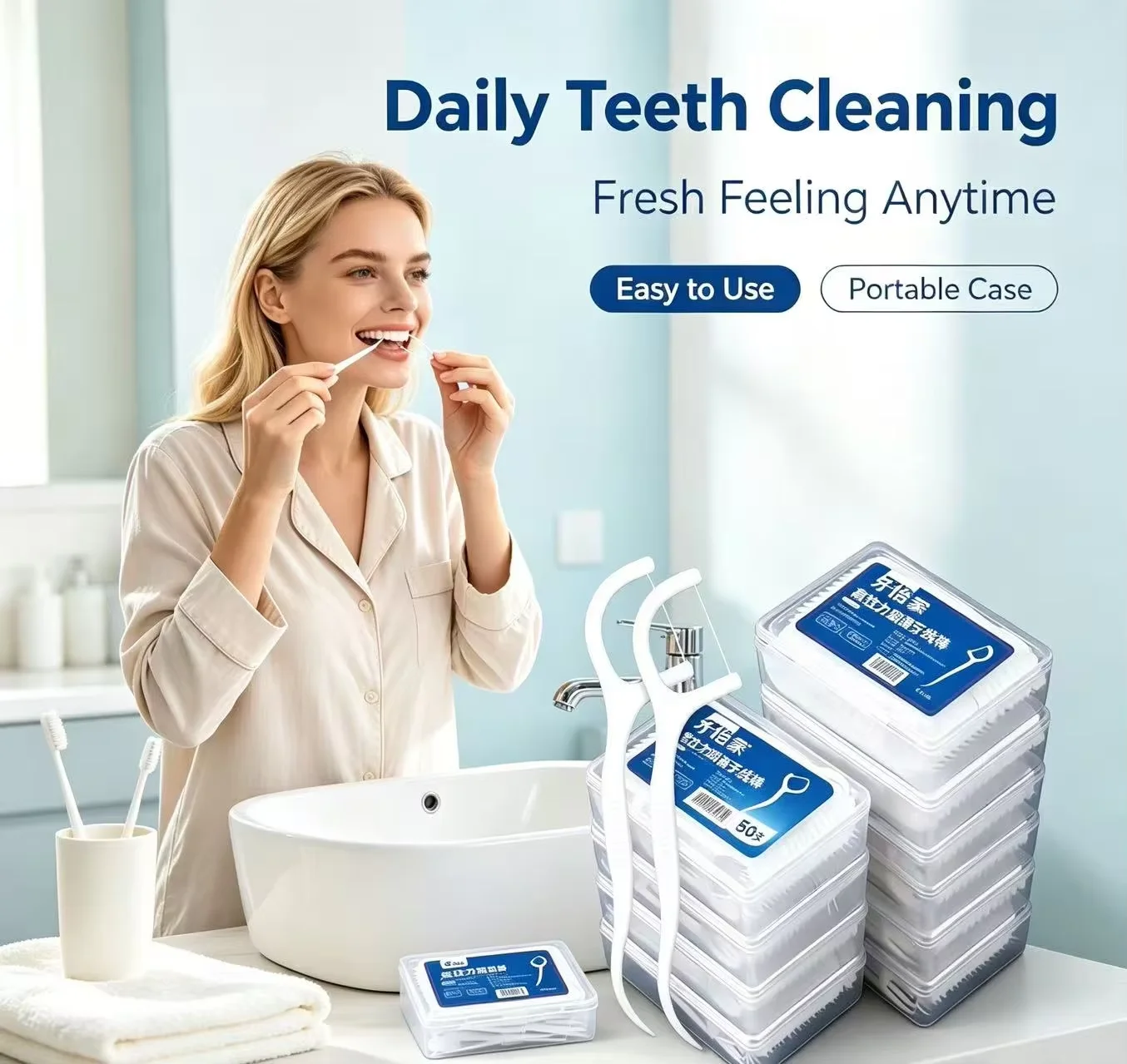Dental floss and dental floss sticks, individually packaged, polymer, portable, 50 pieces in a box, portable box with toothpicks