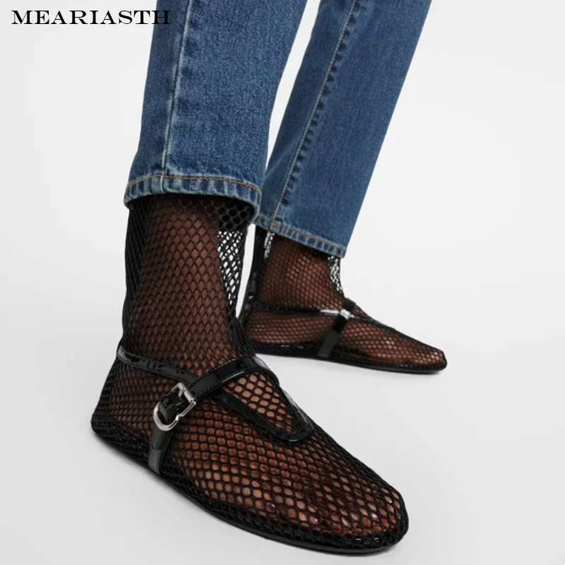 

Mesh Hollow Sandals Boots Round Toe Flat with Buckles Summer Women Shoes Casual Party Back Zipper Solid New Style Designer Shoes