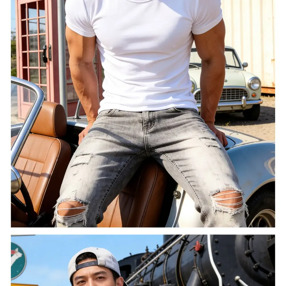 Mens Cotton Short Sleeve T Shirt Slim Fit Crew Neck Muscle Tee Summer Sport Casual Solid Color Breathable Elastic Base Layer