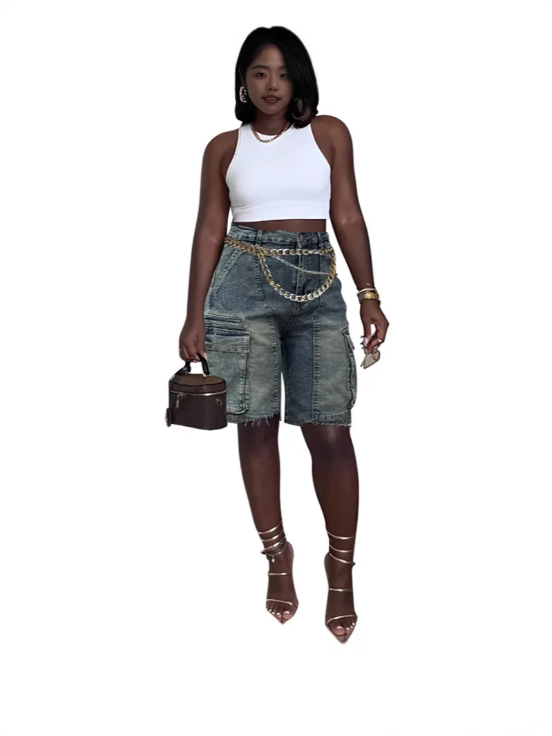 Women Fashion Pocket Side Straight Knee Length Cargo Jeans 2025 Summer Party Street Short Pants