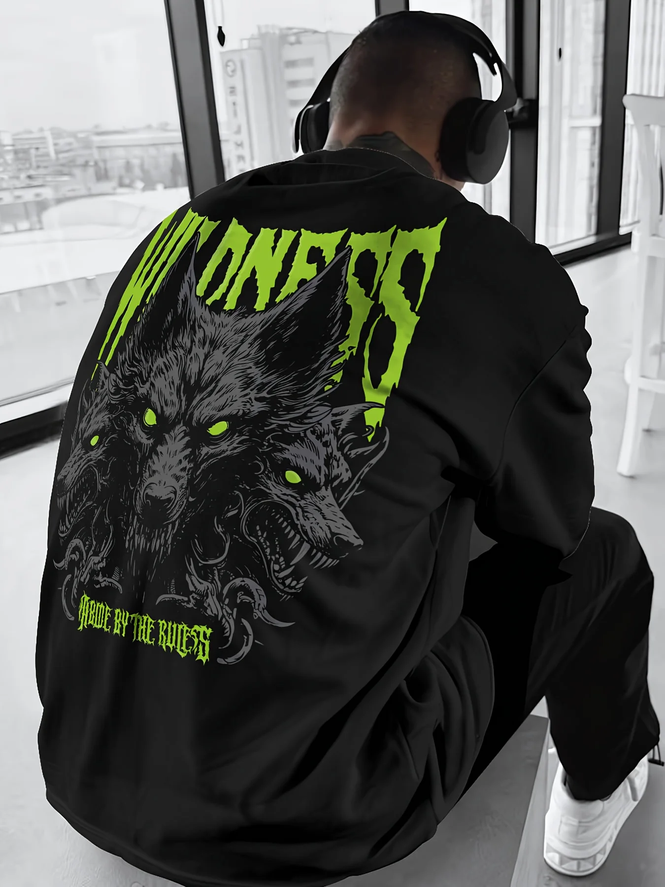 European and American men's summer Hell Wolf letter print micro elastic breathable round neck T-shirt outdoor street top