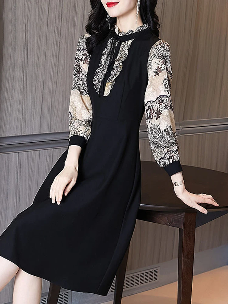 

Spring Autumn New Ruffled Neck Printed Long Sleeve Women's Elegant DressFashion Commute Fake Two Pieces Spliced Midi Dresses