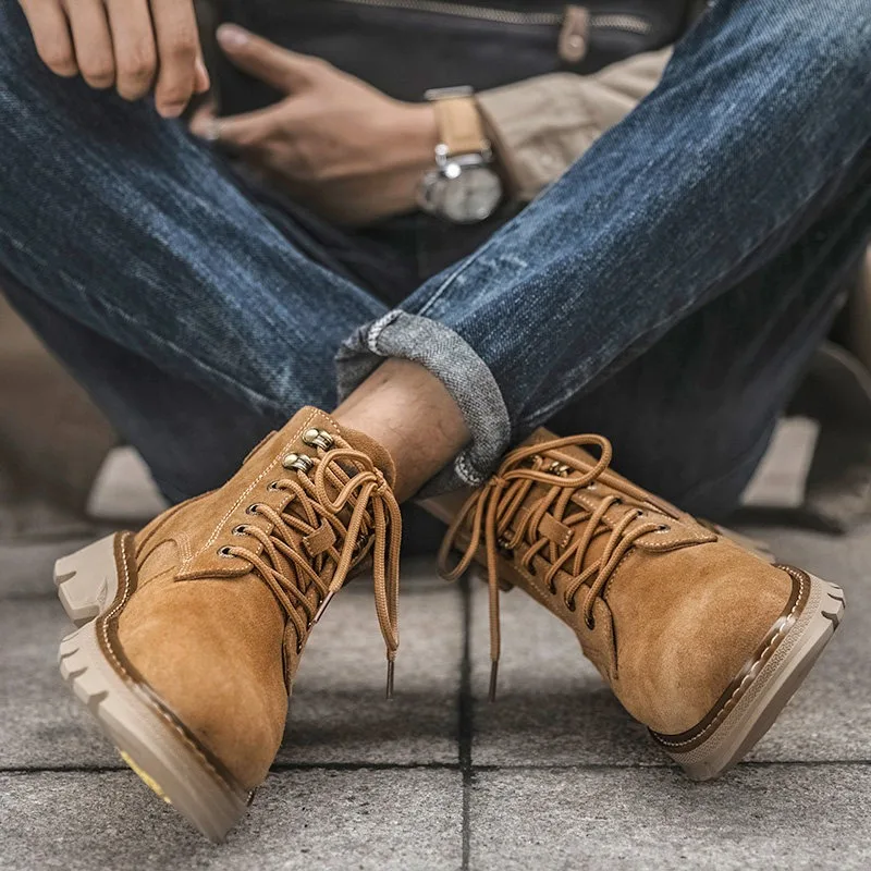 British Style Mid-Calf Casual High-Top Boots Men's Shoes Thick Soles Outdoor Chelsea Motorcycle Desert Work Boots Male