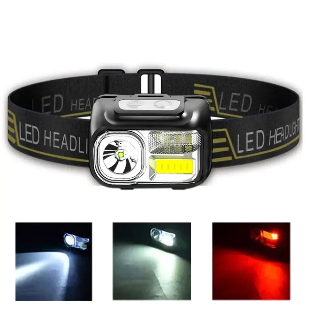 

Sensing head lamp Induction Head light USB Rechargeable Headlamp + Built in Battery COB White / Red LED Fishing Flashlight