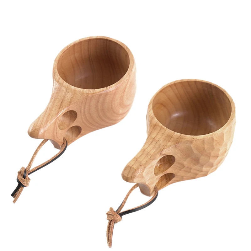 2PC Nordic Style Handmade Wooden Cups Finnish Traditional Outdoor 270Ml Wood Wine Mugs Elephant Coffee Cups for Gifts