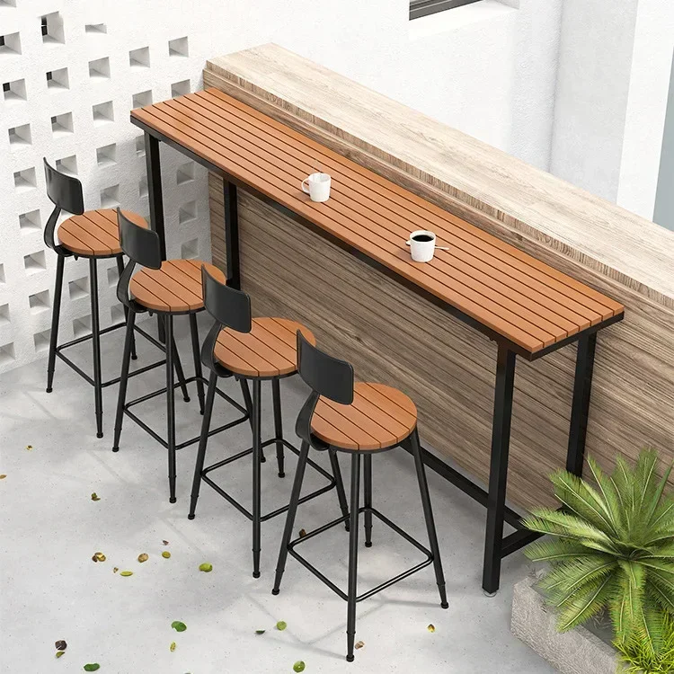 Nordic outdoor plastic wood bar table milk tea shop casual long high table and chair combination restaurant commercial external