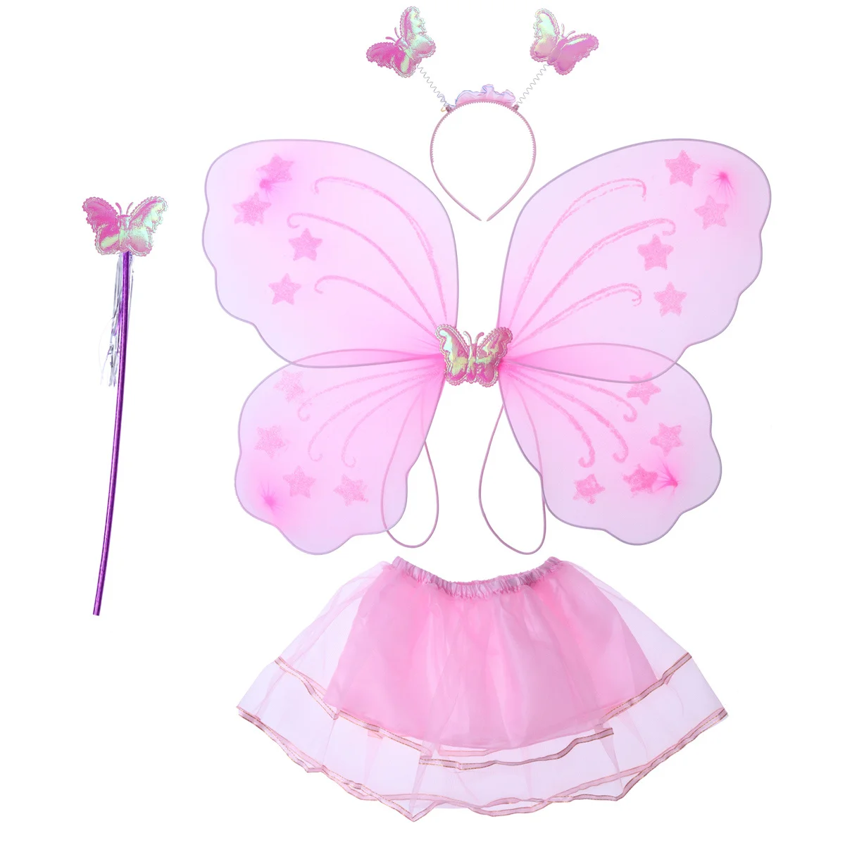 

4Pcs Butterfly Wings Costume Set Pink Tutu Skirt Headband Fairy Wand Party Dress Up Performance Costume Tutu Set