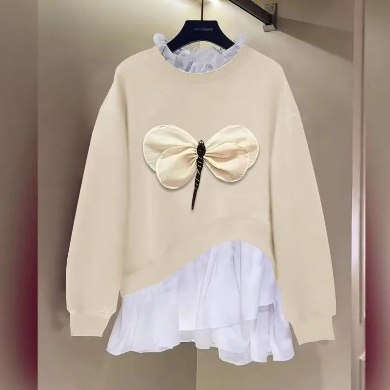 

Осенняя рубашка в корейском стиле, сращенный искусственный двухсекционный пуловер с вышивкой стрекозы, модный свободный свитер с круглым вырезом и длинными рукавами