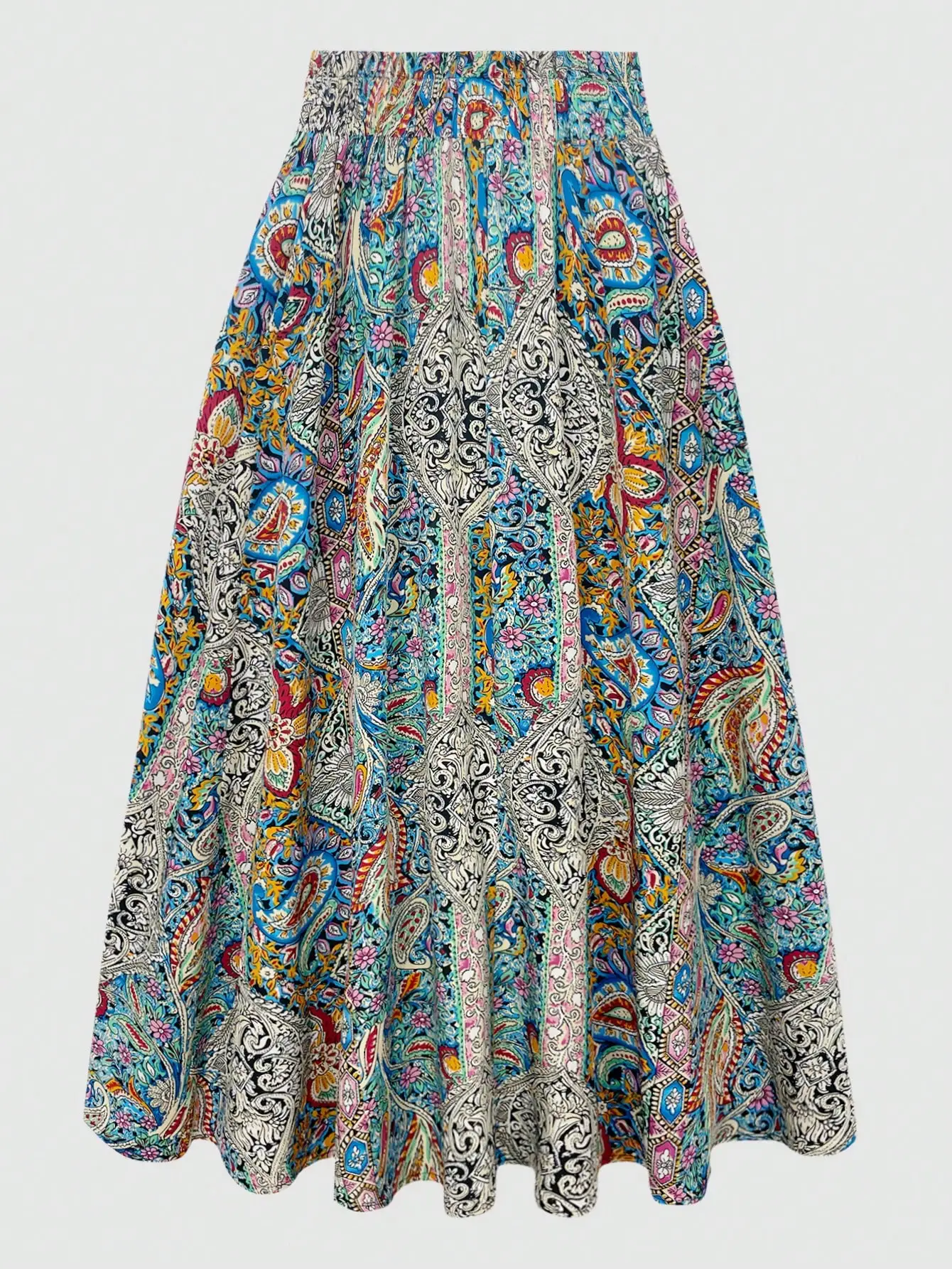 Womens Bohemian Paisley Print Midi Skirt High Waist Elastic A Line Flowy Long Skirt Summer Vintage
