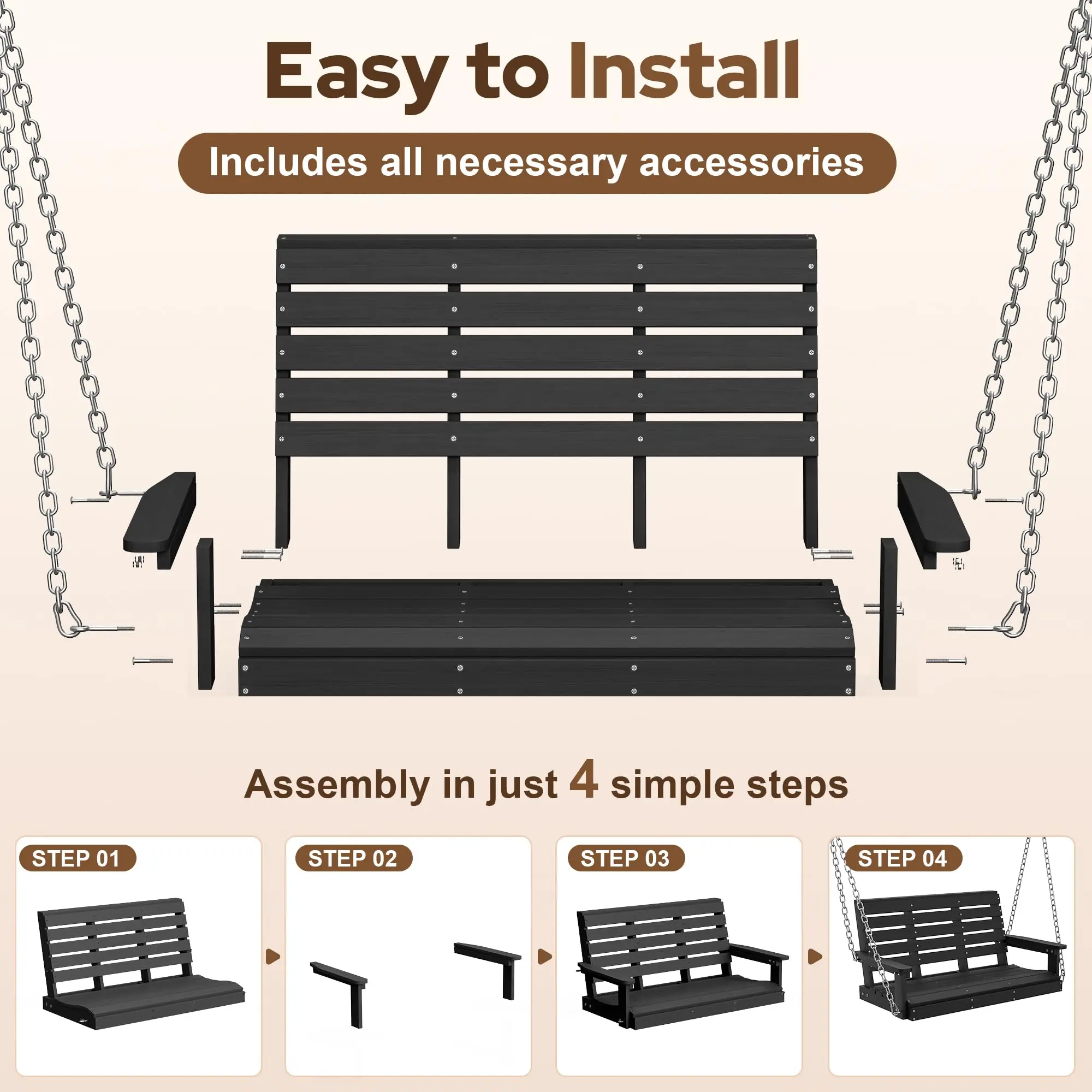 HDPE 4 FT 2-Seat Porch Swing, 660 LBS Outdoor Hanging Swing, Black