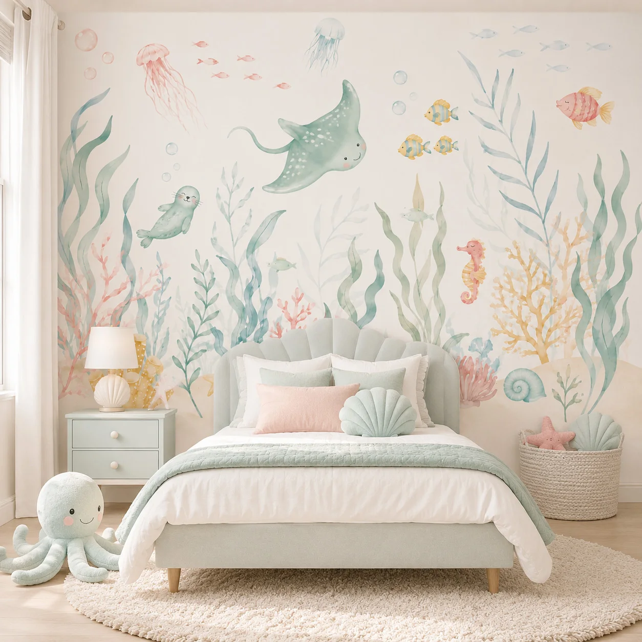 Ocean Animals Self Adhesive Wallpaper Pastel Sea Life Wall Mural Peel and Stick Nursery Kids Bedroom Baby Room Decor Art Designs