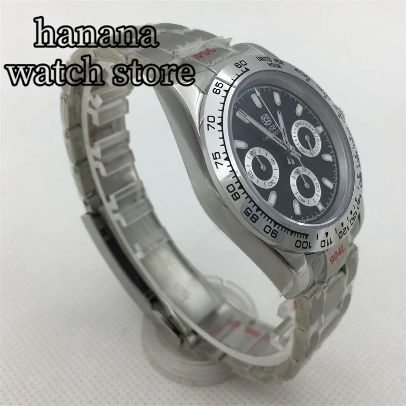 39 ミリメートル VK63 クォーツクロノグラフ腕時計男性用ブラックホワイトダイヤル発光 VK63 ムーブメントサファイアクリスタルステンレスブレスレット