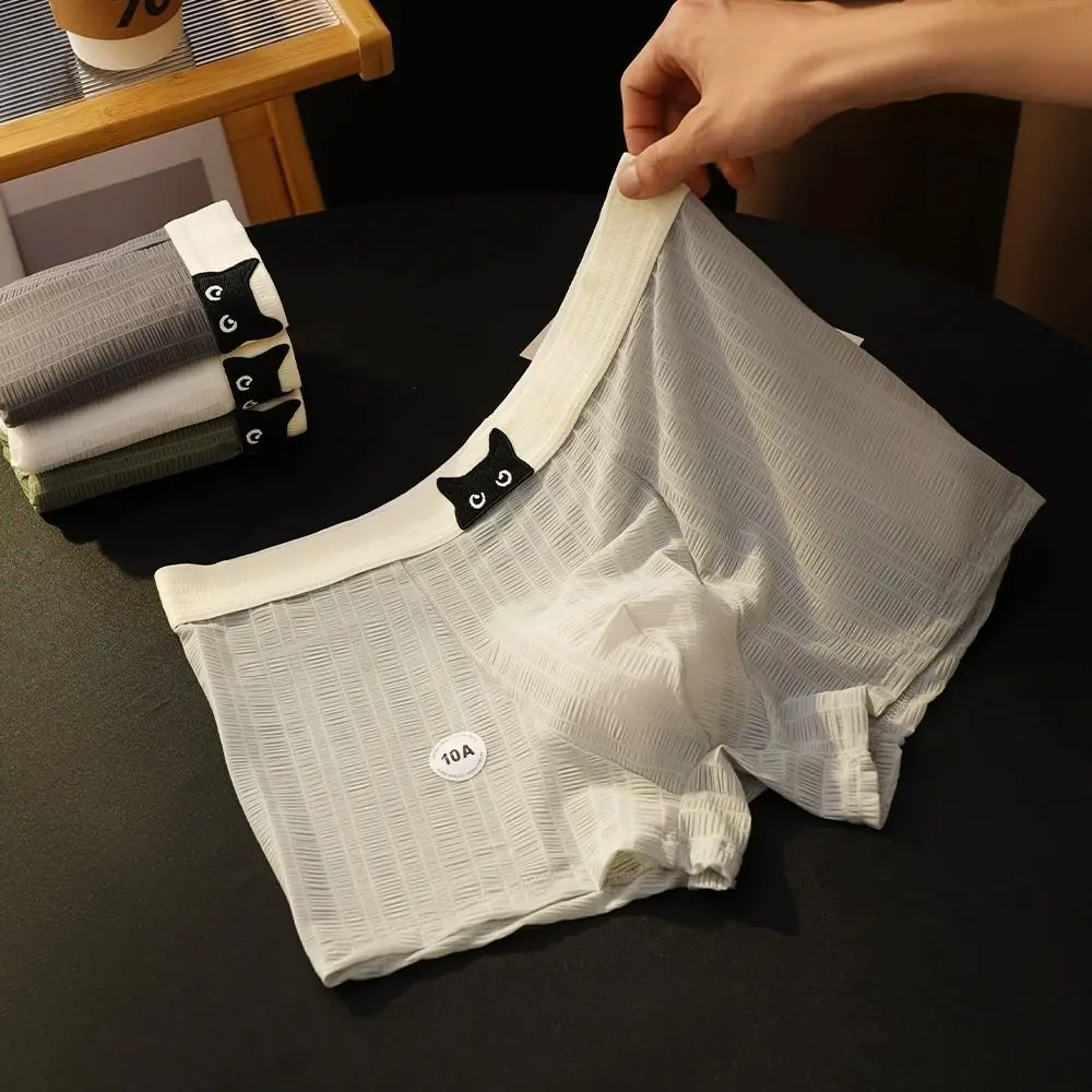 

Simple Solid Color Summer Thin Boxer Briefs Seamless Breathable Ice Silk Underpants Transparent Cute Cat Underwear for Man Men